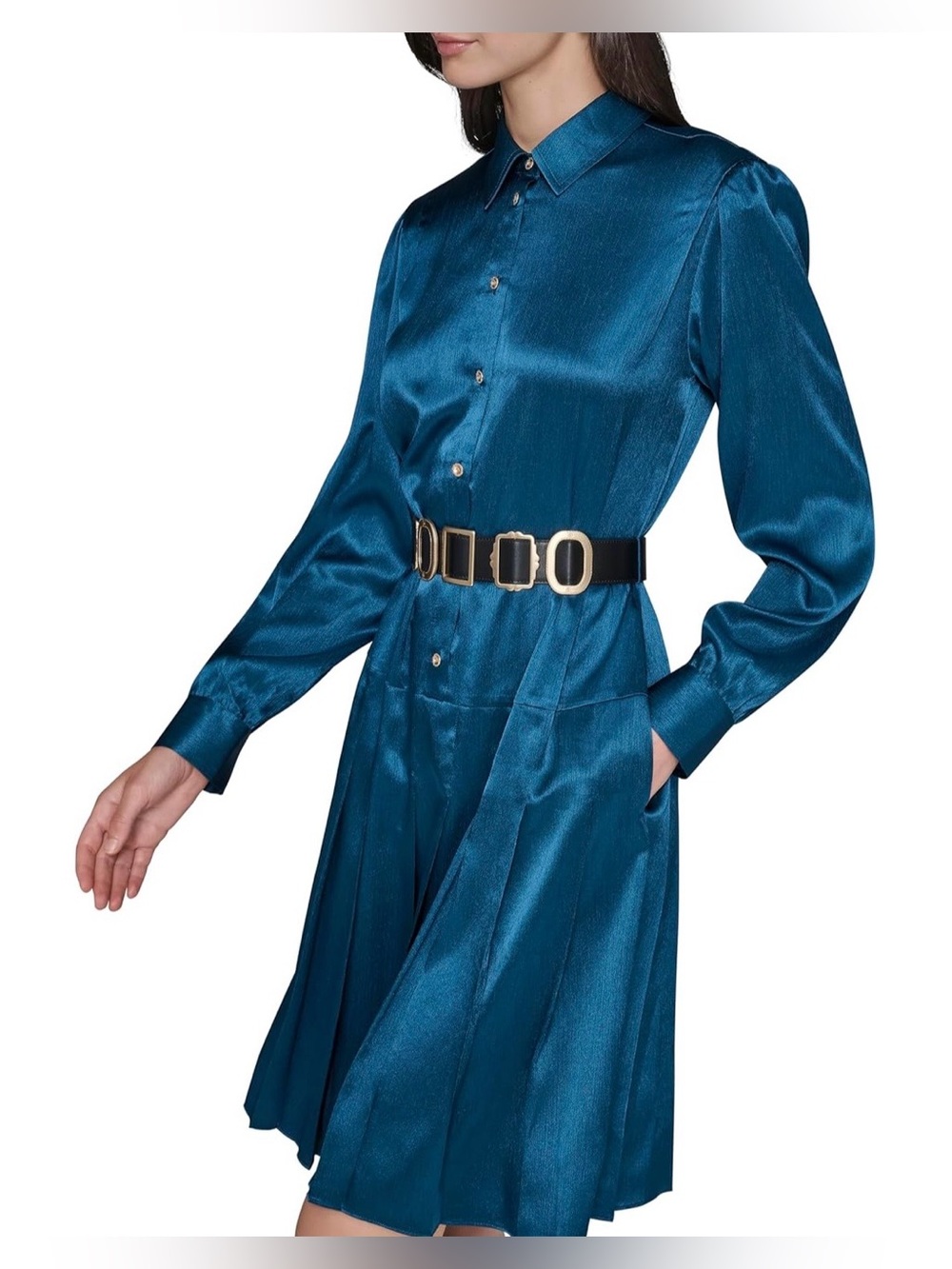 Karl Lagerfeld Teal Satin Long-Sleeve Button-Down Belted Midi Shirt Dress - Picture 3 of 15